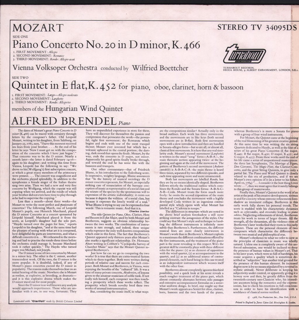 Alfred Brendel - Mozart - Piano Concerto No. 20 In D Minor, K. 466 / Quintet In E Flat For Piano & Wind, K. 452 - Lp